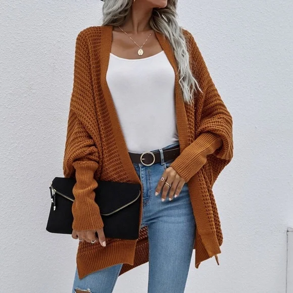 Cozy Rust Brown Dolman Sleeve Open Front cardigan - Picture 1 of 8